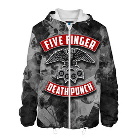 Мужская куртка 3D с принтом Five Finger Death Punch в Рязани, ткань верха — 100% полиэстер, подклад — флис | прямой крой, подол и капюшон оформлены резинкой с фиксаторами, два кармана без застежек по бокам, один большой потайной карман на груди. Карман на груди застегивается на липучку | Тематика изображения на принте: 5fdp | death | ffdp | finger | five | five finger death punch | punch | грув метал