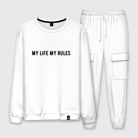 Мужской костюм хлопок с принтом MY LIFE MY RULES в Рязани, 100% хлопок | на свитшоте круглая горловина, мягкая резинка по низу. Брюки заужены к низу, на них два вида карманов: два “обычных” по бокам и два объемных, с клапанами, расположенные ниже линии бедра. Брюки с мягкой трикотажной резинкой на поясе и по низу штанин. В поясе для дополнительного комфорта — широкие завязки | Тематика изображения на принте: life | my | rules | жизнь | знаменитая | минимализм | мои | моя | на | надпись | правила | простая | цитата