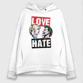 Женское худи Oversize хлопок с принтом Love Hate в Рязани, френч-терри — 70% хлопок, 30% полиэстер. Мягкий теплый начес внутри —100% хлопок | боковые карманы, эластичные манжеты и нижняя кромка, капюшон на магнитной кнопке | harleen quinzel | harley | harley quin | harley quinn | shtatharley | джокер | джокир | лав | сердца | харли квин | харли квинн | харли куин | харли куинн | харлин квинзель | хейт