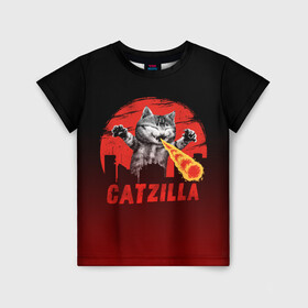 Детская футболка 3D с принтом CATZILLA в Рязани, 100% гипоаллергенный полиэфир | прямой крой, круглый вырез горловины, длина до линии бедер, чуть спущенное плечо, ткань немного тянется | Тематика изображения на принте: catzilla | годзилла | кот | котик | кошка | кэтзилла | мимими | прикол | прикольная