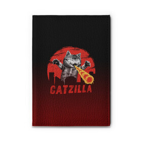 Обложка для автодокументов с принтом CATZILLA в Рязани, натуральная кожа |  размер 19,9*13 см; внутри 4 больших “конверта” для документов и один маленький отдел — туда идеально встанут права | catzilla | годзилла | кот | котик | кошка | кэтзилла | мимими | прикол | прикольная