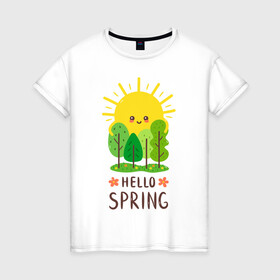 Женская футболка хлопок с принтом Hello Spring в Рязани, 100% хлопок | прямой крой, круглый вырез горловины, длина до линии бедер, слегка спущенное плечо | 2020 | арт | весна | деревья | лес | солнце | солнышко | цветы