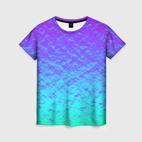 Женская футболка 3D с принтом ПЕРЛАМУТР в Рязани, 100% полиэфир ( синтетическое хлопкоподобное полотно) | прямой крой, круглый вырез горловины, длина до линии бедер | neon | retro | абстракция | блестки | вода | волны | краски | неон | неоновый | перламутр | поп | радуга | ретро | текстура | фиолетовый