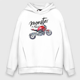 Мужское худи Oversize хлопок с принтом Monster в Рязани, френч-терри — 70% хлопок, 30% полиэстер. Мягкий теплый начес внутри —100% хлопок | боковые карманы, эластичные манжеты и нижняя кромка, капюшон на магнитной кнопке | Тематика изображения на принте: monster ducati монстр красный мотоцикл леттеринг надпись гранж брутальный принт графика крутой модный яркий