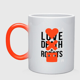 Кружка хамелеон с принтом LOVE DEATH ROBOTS (LDR) в Рязани, керамика | меняет цвет при нагревании, емкость 330 мл | Тематика изображения на принте: death | fantastic | future | ldr | love | love death and robots | love death robots | netflix | robots | sci fi | будущее | лдр | любовь | нетфликс | роботы | фантастика