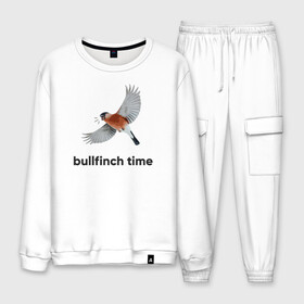 Мужской костюм хлопок с принтом Bullfinch time в Рязани, 100% хлопок | на свитшоте круглая горловина, мягкая резинка по низу. Брюки заужены к низу, на них два вида карманов: два “обычных” по бокам и два объемных, с клапанами, расположенные ниже линии бедра. Брюки с мягкой трикотажной резинкой на поясе и по низу штанин. В поясе для дополнительного комфорта — широкие завязки | Тематика изображения на принте: bird | bullfinch | wings | летать | полет | птица | снегирь