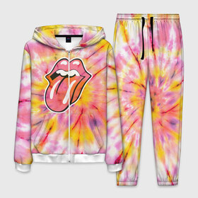 Мужской костюм 3D с принтом Rolling Stones tie-dye в Рязани, 100% полиэстер | Манжеты и пояс оформлены тканевой резинкой, двухслойный капюшон со шнурком для регулировки, карманы спереди | mick jagger | music | rock | rolling stones | музыка | рок