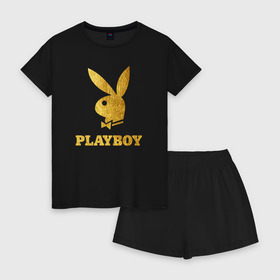 Женская пижама с шортиками хлопок с принтом PLAYBOY GOLD в Рязани, 100% хлопок | футболка прямого кроя, шорты свободные с широкой мягкой резинкой | Тематика изображения на принте: brand | brazzers | fake taxi | faketaxi | hub | mode | playboy | бразерс | бренд | мода | фейк такси