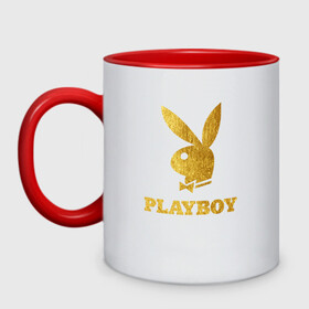 Кружка двухцветная с принтом PLAYBOY GOLD в Рязани, керамика | объем — 330 мл, диаметр — 80 мм. Цветная ручка и кайма сверху, в некоторых цветах — вся внутренняя часть | Тематика изображения на принте: brand | brazzers | fake taxi | faketaxi | hub | mode | playboy | бразерс | бренд | мода | фейк такси