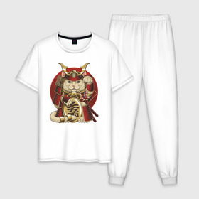 Мужская пижама хлопок с принтом Кот Самурай в Рязани, 100% хлопок | брюки и футболка прямого кроя, без карманов, на брюках мягкая резинка на поясе и по низу штанин
 | cat | japan | ronin | samurai | воин | кот | котик | котэ | няшка | ронин | рыцарь | самурай | шлем | япония
