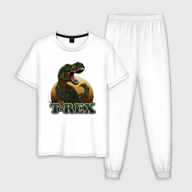 Мужская пижама хлопок с принтом T-Rex в Рязани, 100% хлопок | брюки и футболка прямого кроя, без карманов, на брюках мягкая резинка на поясе и по низу штанин
 | Тематика изображения на принте: dino | dinosaurs | t rex | trex | вымирание | дино | динозавр | зубы | ледниковый | ледниковый период | мамонт | опасность | оскал | пасть | т рекс | ти рекс | тирекс | хвост | холод | чешуя