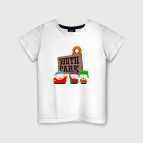 Детская футболка хлопок с принтом South Park - персонажи с логотипом в Рязани, 100% хлопок | круглый вырез горловины, полуприлегающий силуэт, длина до линии бедер | Тематика изображения на принте: park | south | south park | картман | кени | они убили кени | парк | сволочи | южный | южный парк
