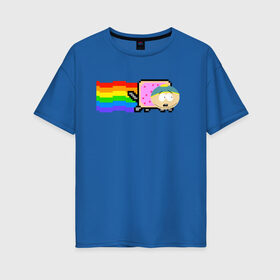 Женская футболка хлопок Oversize с принтом Картман Nyan Cat в Рязани, 100% хлопок | свободный крой, круглый ворот, спущенный рукав, длина до линии бедер
 | cartman | eric cartman | nyan cat | south park | кот | милый | ня кот | нян кот | няшный | прикол | радуга | радужный | саус парк | смешная | смешной | эрик | эрик картман | южный парк