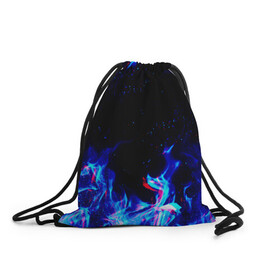Рюкзак-мешок 3D с принтом СИНИЙ ОГОНЬ ГЛИТЧ | BLUE FIRE GLITCH в Рязани, 100% полиэстер | плотность ткани — 200 г/м2, размер — 35 х 45 см; лямки — толстые шнурки, застежка на шнуровке, без карманов и подкладки | Тематика изображения на принте: abstraction | fire | flame | geometry | hexagon | neon | paints | stripes | texture | triangle | абстракция | брызги | геометрия | краски | неон | неоновый | огонь | соты | текстура