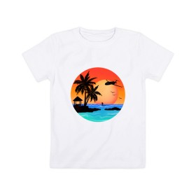 Детская футболка хлопок с принтом Закат на море в Рязани, 100% хлопок | круглый вырез горловины, полуприлегающий силуэт, длина до линии бедер | закат | лодка | море | океан | отдых | отпуск | пальма | птицы | самолет | солнце | яркая