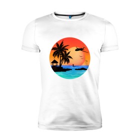 Мужская футболка премиум с принтом Закат на море в Рязани, 92% хлопок, 8% лайкра | приталенный силуэт, круглый вырез ворота, длина до линии бедра, короткий рукав | закат | лодка | море | океан | отдых | отпуск | пальма | птицы | самолет | солнце | яркая