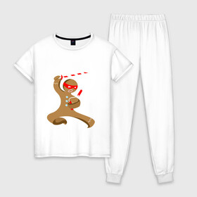 Женская пижама хлопок с принтом Пряничный ниндзя в Рязани, 100% хлопок | брюки и футболка прямого кроя, без карманов, на брюках мягкая резинка на поясе и по низу штанин | айкидо | кунг фу | ниндзя | пряничный человечек