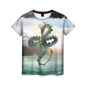 Женская футболка 3D с принтом Дракон в Рязани, 100% полиэфир ( синтетическое хлопкоподобное полотно) | прямой крой, круглый вырез горловины, длина до линии бедер | dragon | monster | драго | дракон | космический дракон | монстр | огнедыщащий | прикольная картинка | чудовище | японский дракон | ящерица