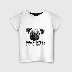 Детская футболка хлопок с принтом Pug life в Рязани, 100% хлопок | круглый вырез горловины, полуприлегающий силуэт, длина до линии бедер | Тематика изображения на принте: pug life | арт | животные | мопс | собака | собачья жизнь