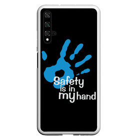 Чехол для Honor 20 с принтом Safety in my hand! в Рязани, Силикон | Область печати: задняя сторона чехла, без боковых панелей | covid 19 | cronavirus | quarantine | safety always | safety first | безопасность | в руках | коронавирус