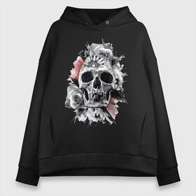 Женское худи Oversize хлопок с принтом Skull в Рязани, френч-терри — 70% хлопок, 30% полиэстер. Мягкий теплый начес внутри —100% хлопок | боковые карманы, эластичные манжеты и нижняя кромка, капюшон на магнитной кнопке | flower | grin | jaw | orbits | rose | skull | teeth | глазницы | зубы | оскал | пасть | роза | цветок | череп