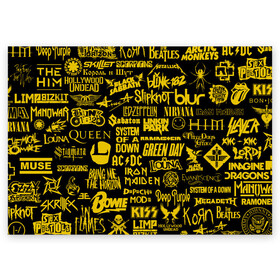 Поздравительная открытка с принтом Логотипы рок групп GOLD в Рязани, 100% бумага | плотность бумаги 280 г/м2, матовая, на обратной стороне линовка и место для марки
 | ac dc | deep purple | him | hollywood undead | iron maiden | kiss | limp bizkit | linkin park | louna | manowar | metallica | rammstein | slipknot | thirty seconds to mars | алиса | групп | логотипы | луна | рок