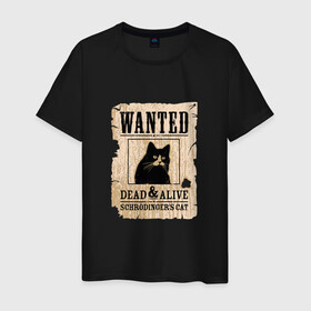 Мужская футболка хлопок с принтом Кот в Рязани, 100% хлопок | прямой крой, круглый вырез горловины, длина до линии бедер, слегка спущенное плечо. | Тематика изображения на принте: cat | wanted | живым или мертвым | кот | кот шредингера | котэ | опасен | разыскивается | чёрный кот