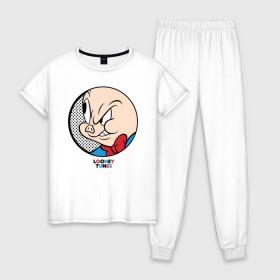 Женская пижама хлопок с принтом Porky Pig в Рязани, 100% хлопок | брюки и футболка прямого кроя, без карманов, на брюках мягкая резинка на поясе и по низу штанин | looney tunes | porky pig | vdzabma | луни тюнз | порки пиг | поросенок порки