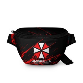 Поясная сумка 3D с принтом Umbrella Corporation. в Рязани, 100% полиэстер | плотная ткань, ремень с регулируемой длиной, внутри несколько карманов для мелочей, основное отделение и карман с обратной стороны сумки застегиваются на молнию | resident evil | umbrella corporation | амбрелла | амбрелла корпорейшн | вирус | вымышленная военная и фармацевтическая корпорация | игра | умбрелла