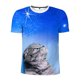 Мужская футболка 3D спортивная с принтом Кот и космос в Рязани, 100% полиэстер с улучшенными характеристиками | приталенный силуэт, круглая горловина, широкие плечи, сужается к линии бедра | cat | cat and space | kitty | в космосе | звездное небо | звёзды | космический кот | кот | кот в космосе | кот и звезды | кот смотрит | кот смотрит на небо | котенок | котик | кошка
