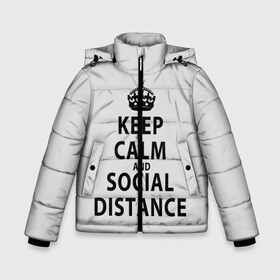 Зимняя куртка для мальчиков 3D с принтом Keep Calm And Social Distance в Рязани, ткань верха — 100% полиэстер; подклад — 100% полиэстер, утеплитель — 100% полиэстер | длина ниже бедра, удлиненная спинка, воротник стойка и отстегивающийся капюшон. Есть боковые карманы с листочкой на кнопках, утяжки по низу изделия и внутренний карман на молнии. 

Предусмотрены светоотражающий принт на спинке, радужный светоотражающий элемент на пуллере молнии и на резинке для утяжки | 2019 | biohazard | calm | china | coronavirus | covid 19 | inc | keep | ncov | ncov19 | ncov2019 | plague | survivor | virus | warning | вирус | дистанцию | коронавирус | соблюдай