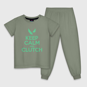 Детская пижама хлопок с принтом KEEP CALM CLUTCH в Рязани, 100% хлопок |  брюки и футболка прямого кроя, без карманов, на брюках мягкая резинка на поясе и по низу штанин
 | Тематика изображения на принте: breach | cs go | cypher | jett | league of legends | legends of runeterra | lol | omen | overwatch | phoenix | riot | riot games | sage | sona | sova | valorant | viper | валорант | кс го | лига легенд | лол