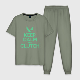 Мужская пижама хлопок с принтом KEEP CALM CLUTCH в Рязани, 100% хлопок | брюки и футболка прямого кроя, без карманов, на брюках мягкая резинка на поясе и по низу штанин
 | Тематика изображения на принте: breach | cs go | cypher | jett | league of legends | legends of runeterra | lol | omen | overwatch | phoenix | riot | riot games | sage | sona | sova | valorant | viper | валорант | кс го | лига легенд | лол