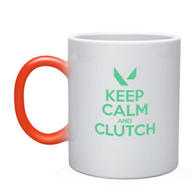 Кружка хамелеон с принтом KEEP CALM CLUTCH в Рязани, керамика | меняет цвет при нагревании, емкость 330 мл | Тематика изображения на принте: breach | cs go | cypher | jett | league of legends | legends of runeterra | lol | omen | overwatch | phoenix | riot | riot games | sage | sona | sova | valorant | viper | валорант | кс го | лига легенд | лол