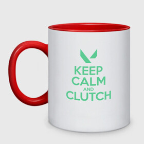 Кружка двухцветная с принтом KEEP CALM CLUTCH в Рязани, керамика | объем — 330 мл, диаметр — 80 мм. Цветная ручка и кайма сверху, в некоторых цветах — вся внутренняя часть | Тематика изображения на принте: breach | cs go | cypher | jett | league of legends | legends of runeterra | lol | omen | overwatch | phoenix | riot | riot games | sage | sona | sova | valorant | viper | валорант | кс го | лига легенд | лол