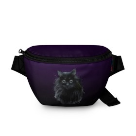 Поясная сумка 3D с принтом черный кот на фиолетовом фоне в Рязани, 100% полиэстер | плотная ткань, ремень с регулируемой длиной, внутри несколько карманов для мелочей, основное отделение и карман с обратной стороны сумки застегиваются на молнию | акварель | глаза | клево | котейка | котенок | котик | котэ | кошак | кошка | красиво | любителю кошек | модно | мяу | подарок | пушистый | рисунок | стильно | темный | черный кот | шерсть