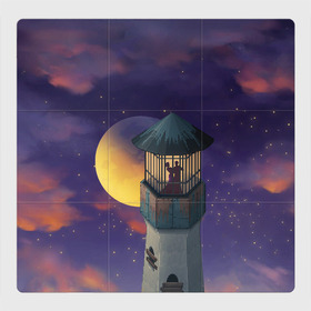 Магнитный плакат 3Х3 с принтом To the Moon 3D в Рязани, Полимерный материал с магнитным слоем | 9 деталей размером 9*9 см | lighthouse | moon | night | pair | silhouettes | stars | to the moon | звёзды | луна | маяк | ночь | пара | силуэты