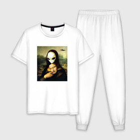 Мужская пижама хлопок с принтом Mona Lisa в Рязани, 100% хлопок | брюки и футболка прямого кроя, без карманов, на брюках мягкая резинка на поясе и по низу штанин
 | alien | da | gioconda | la | leonardo | lisa | mona | renaissance | smile | ufo | vinci | винчи | да | джоконда | инопланетянин | леонардо | лиза | мона | нло | ренессанс | улыбка