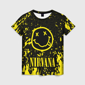 Женская футболка 3D с принтом NIRVANA в Рязани, 100% полиэфир ( синтетическое хлопкоподобное полотно) | прямой крой, круглый вырез горловины, длина до линии бедер | nirvana | nirvana smells like | rock | teen spirit | курт кобейн | нирвана | песни | рок.
