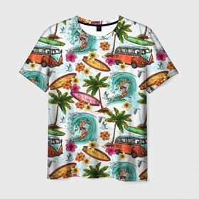 Мужская футболка 3D с принтом Летнее Настроение в Рязани, 100% полиэфир | прямой крой, круглый вырез горловины, длина до линии бедер | волны | деревья | купальник | лето | листья | море | океан | остров | отпуск | пальмы | пляж | природа | птицы | путешествие | серфинг | солнце | спорт | таиланд | тропики | туризм | цветы