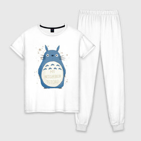 Женская пижама хлопок с принтом My Neighbor Totoro в Рязани, 100% хлопок | брюки и футболка прямого кроя, без карманов, на брюках мягкая резинка на поясе и по низу штанин | totoro | аниме | мой сосед тоторо | мультфильм | тоторо | фэнтези | хаяо миядзаки