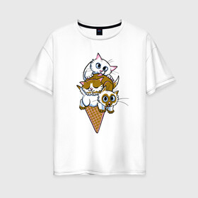 Женская футболка хлопок Oversize с принтом Ice Cream Cats в Рязани, 100% хлопок | свободный крой, круглый ворот, спущенный рукав, длина до линии бедер
 | animal | cat | cute | kitty | meow | друг | еда | животные | киска | китти | кот | котенок | котик | кошечка | кошка | лев | леопард | милый | мороженое | мур | мяу | пантера | питомец | рысь | тигр | улыбка