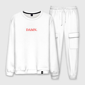 Мужской костюм хлопок с принтом damn merch в Рязани, 100% хлопок | на свитшоте круглая горловина, мягкая резинка по низу. Брюки заужены к низу, на них два вида карманов: два “обычных” по бокам и два объемных, с клапанами, расположенные ниже линии бедра. Брюки с мягкой трикотажной резинкой на поясе и по низу штанин. В поясе для дополнительного комфорта — широкие завязки | Тематика изображения на принте: aftermath | damn | dawg | hip | hip hop | hop | interscope | kendrick | kendrick lamar | kid | lamar | official video | rap | rap hip hop | records | tde | top