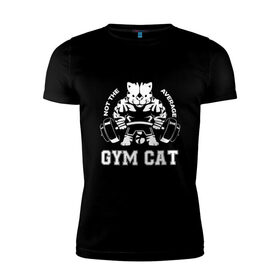 Мужская футболка хлопок Slim с принтом GYM Cat в Рязани, 92% хлопок, 8% лайкра | приталенный силуэт, круглый вырез ворота, длина до линии бедра, короткий рукав | Тематика изображения на принте: animal | cat | cute | gym | kitty | meow | атлет | друг | животные | качок | киска | китти | кот | котенок | котик | кошечка | кошка | лев | леопард | милый | мур | мяу | надпись | пантера | питомец | рысь | сила | текст | тигр