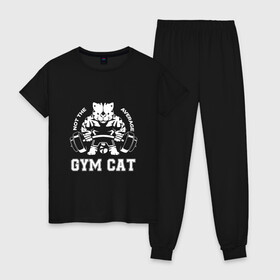 Женская пижама хлопок с принтом GYM Cat в Рязани, 100% хлопок | брюки и футболка прямого кроя, без карманов, на брюках мягкая резинка на поясе и по низу штанин | animal | cat | cute | gym | kitty | meow | атлет | друг | животные | качок | киска | китти | кот | котенок | котик | кошечка | кошка | лев | леопард | милый | мур | мяу | надпись | пантера | питомец | рысь | сила | текст | тигр