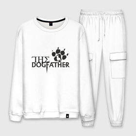 Мужской костюм хлопок с принтом The Dogfather в Рязани, 100% хлопок | на свитшоте круглая горловина, мягкая резинка по низу. Брюки заужены к низу, на них два вида карманов: два “обычных” по бокам и два объемных, с клапанами, расположенные ниже линии бедра. Брюки с мягкой трикотажной резинкой на поясе и по низу штанин. В поясе для дополнительного комфорта — широкие завязки | amimals | dog | doggy | woof | арт | боксер | бульдог | бультерьер | волк | гав | доберман | дог | долматинец | друг | животные | йорк | картинка | мопс | овчарка | пёс | песик | питомец | пудель | рисунок | сенбернар