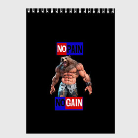 Скетчбук с принтом NO PAIN NO GAIN в Рязани, 100% бумага
 | 48 листов, плотность листов — 100 г/м2, плотность картонной обложки — 250 г/м2. Листы скреплены сверху удобной пружинной спиралью | no pain no gain | качалка | качек | медведь | накаченный | русский медведь | сила | силач | спорт