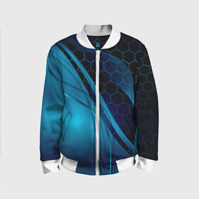 Детский бомбер 3D с принтом ABSTRACT BLUE в Рязани, 100% полиэстер | застегивается на молнию, по бокам два кармана без застежек, мягкие манжеты, по низу бомбера и на воротнике — эластичная резинка | abstraction | geometry | hexagon | neon | paints | stripes | texture | triangle | абстракция | брызги | геометрия | краски | неон | неоновый | соты | текстура