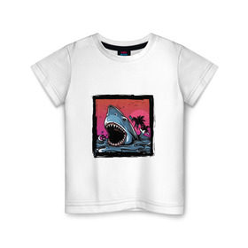 Детская футболка хлопок с принтом White Shark в Рязани, 100% хлопок | круглый вырез горловины, полуприлегающий силуэт, длина до линии бедер | белая акула | животные | зубы | лето | море | опасный | пальмы | пляж | природа | ретро | рыба | хищник | челюсть | чудовище