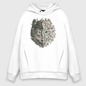 Мужское худи Oversize хлопок с принтом Geometric Wolf в Рязани, френч-терри — 70% хлопок, 30% полиэстер. Мягкий теплый начес внутри —100% хлопок | боковые карманы, эластичные манжеты и нижняя кромка, капюшон на магнитной кнопке | volf | волк